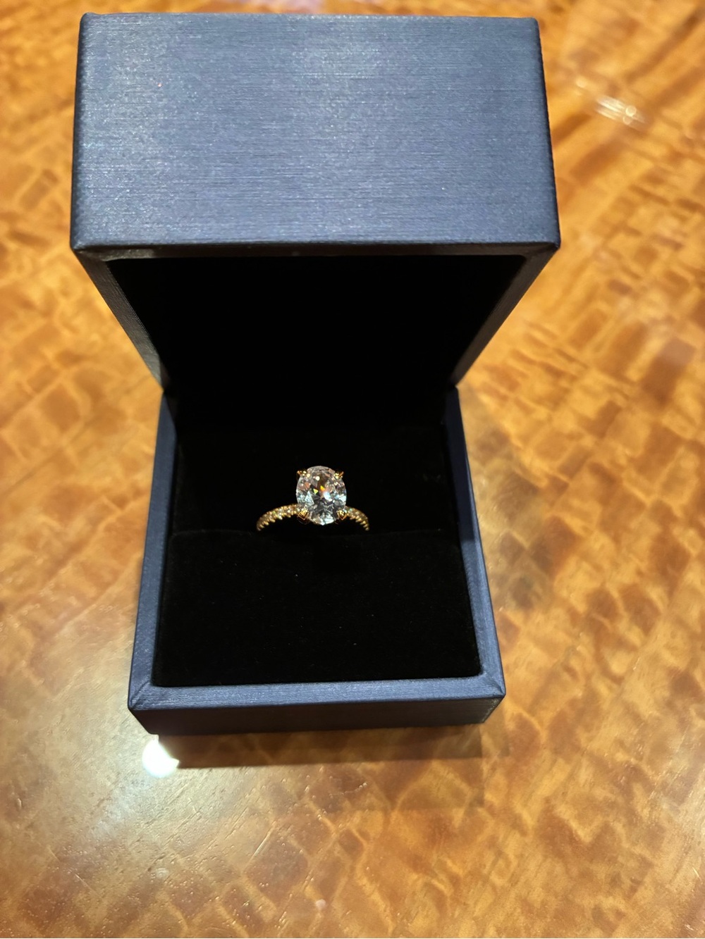 Gold Plated 18k ring Solitaire Ring with Clear Oval Stone 3.5 Carat   NEW